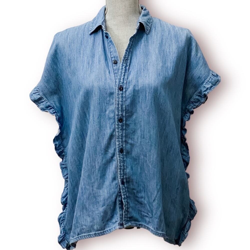 MADEWELL Oversized Ruffled Chambray Denim Button Down Shirt Size XS
